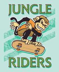 Illustration of a monkey riding a skateboard combined with text.