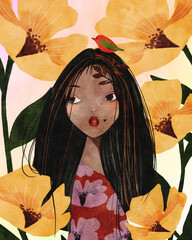 Charming watercolor illustration of a young woman with long black hair and a small bird on her head, surrounded by large yellow flowers. Perfect for spring, beauty, nature, and floral-themed designs