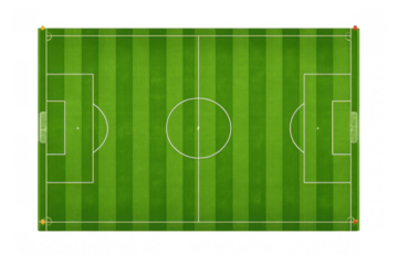 Soccer field showing a green grass texture with white lines, goal areas, and center circle from an aerial perspective