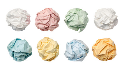 Set of crumpled paper balls isolated on transparent background