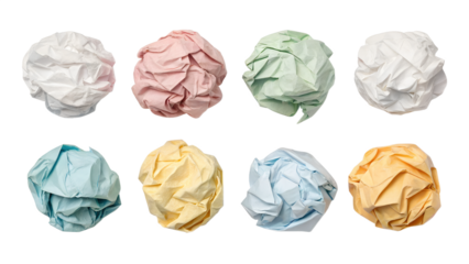 Set of crumpled paper balls isolated on transparent background