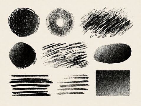 Abstract Charcoal Brush Stroke Textures, Hand-Drawn Scribble Shapes and Grungy Lines on Textured Paper Background for Design Elements
