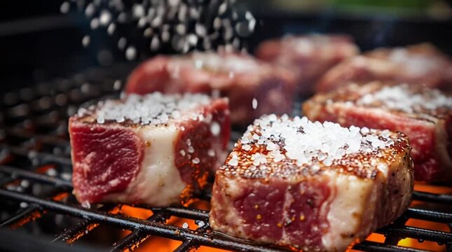 Close up of seasoning steak cuts on a grill with overhead sunlight