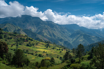 Fototapeta premium The lush, vibrant landscapes of the Ixil Triangle, with abstract cloud-kissed mountains and terraced agricultural plots.