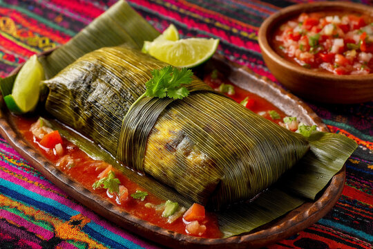 A Guatemalan tamale wrapped in banana leaves served with mild tomato salsa and fresh lime wedges.