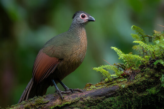 A Guatemalan chachalaca bird perched on a mossy tree branch in a tropical rain-soaked rainforest.