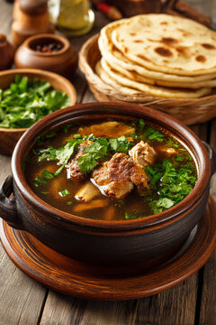 A steaming bowl of Guatemalan kak�ik turkey soup with aromatic spices, fresh cilantro, and a side of warm tortillas.