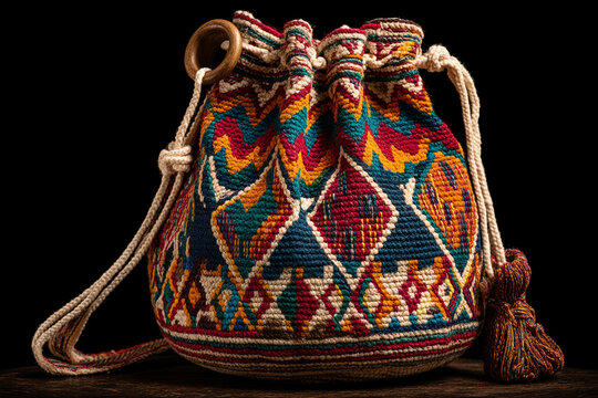 A traditional "morral" (shoulder bag) made of hand-woven fabric with vibrant patterns, displayed elegantly on a simple hook.