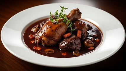 Coq au Vin Culinary Art: A delectable presentation of Coq au Vin, a classic French dish, showcasing succulent chicken, mushrooms, and savory bacon in a rich, flavorful wine sauce.