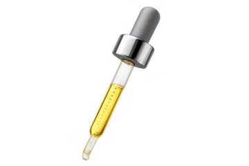 Dropper with a yellow liquid, indicating essential oil or serum for cosmetic and medical applications, on a transparent background