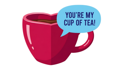 Heart shaped coffee mug with sweet message isolated on transparent background