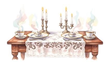 Elegant table setting for afternoon tea isolated on transparent background