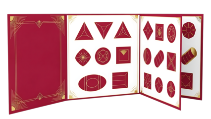 Red brochure with various shapes and designs inside isolated on transparent background