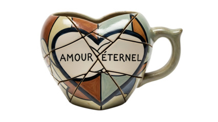 Beautiful heart shaped mug with amour eternel inscription isolated on transparent background