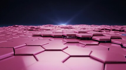 Dynamic abstract animation featuring numerous metallic pink and purple hexagonal tiles falling and settling onto a dark undulating surface creating a futuristic and technological background with a se. - Powered by Adobe