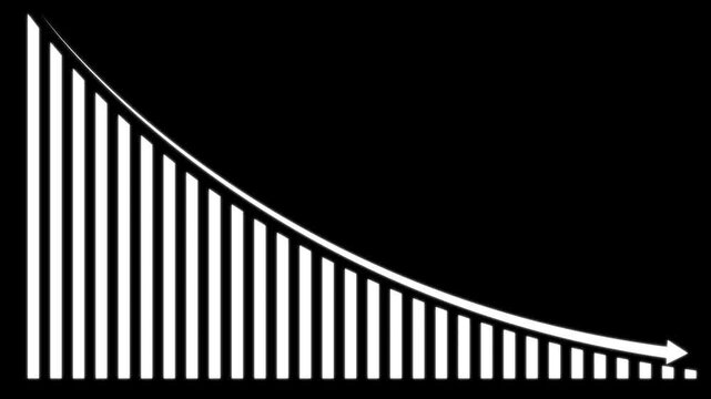 White Bar Graph with Downward Arrow on Black Background. Developing company failure, decreasing business bar chart, Bad Economy Recession,