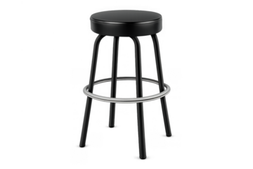 Black upholstered bar stool with a sleek metal frame and chrome footrest, providing comfortable seating