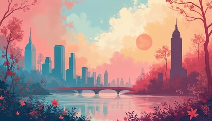 City skyline with bridge over water at sunset or sunrise. Buildings, trees, and flowers with soft pastel colored sky, beautiful, peaceful, serene mood.