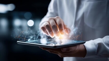 Faceless person with futuristic digital tablet on project modern - Powered by Adobe