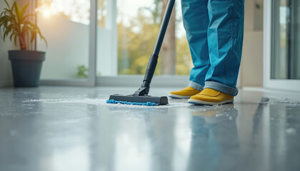 Person uses vacuum cleaner on dusty floor near potted plant and large windows. Bright sunlight shines on the clean surface. Professional home or office tidying.