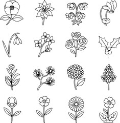 Minimal Spring and Summer Flower Vector Icons Black and White Line Art for Floral Design and Decoration