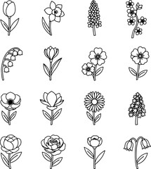 Minimal Spring and Summer Flower Vector Icons Black and White Line Art for Floral Design and Decoration