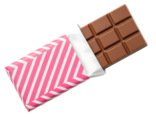 Open chocolate bar wrapped in pink paper isolated on transparent background