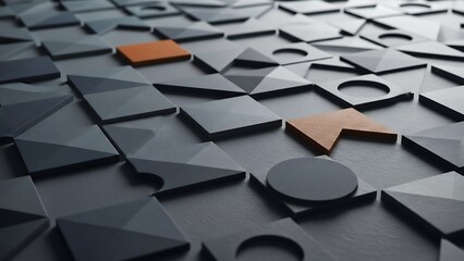 A collection of black geometric shapes with a few copper-colored accents on a dark surface viewed from above