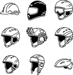 Protective Helmet Icons Collection Minimal Black Vector Design