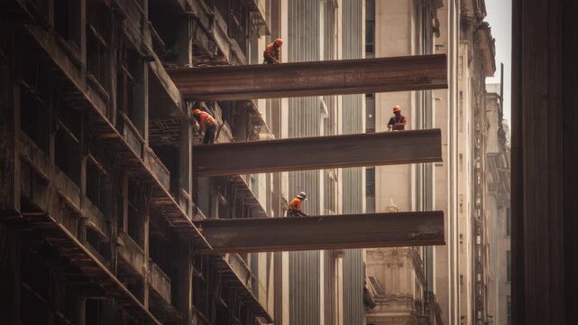 Construction workers installing steel beams high above the city street during building development