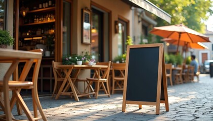 Empty black A-frame chalkboard stands on cobblestone sidewalk outside cafe patio with wood tables, chairs. Restaurant exterior signage mockup ready for custom message. Sunny day scene with outdoor