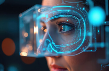 Woman wearing augmented reality glasses interacts with futuristic digital interface and holographic display. Immersive virtual reality experience exploring cyberspace, future tech, and digital world.