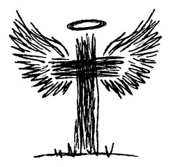 Christian cross with angel wings and halo, religious faith symbol, hand drawn grunge sketch vector illustration