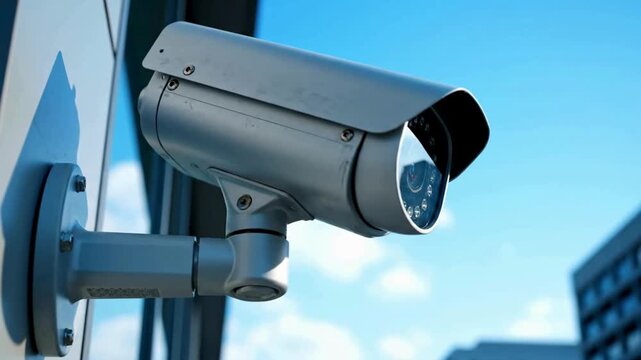 City Surveillance: A close-up shot of a security camera mounted on a sleek building, offering a watchful eye over the urban landscape.