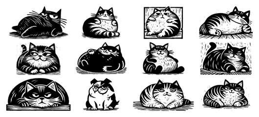 Set of fat lazy cats lying down and sitting, funny chubby kitten character collection sketch vector illustration © JakubVectorSketch