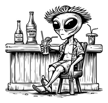Funny alien sitting at tiki bar drinking cocktail, sci-fi summer vacation cartoon sketch vector illustration