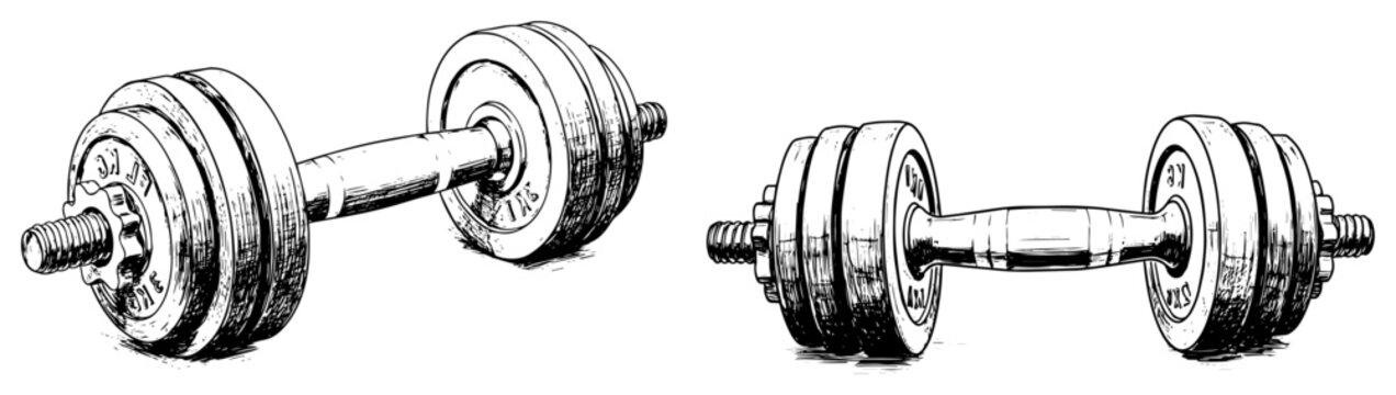 Heavy metal dumbbells for fitness training, gym sport equipment engraving style sketch vector illustration
