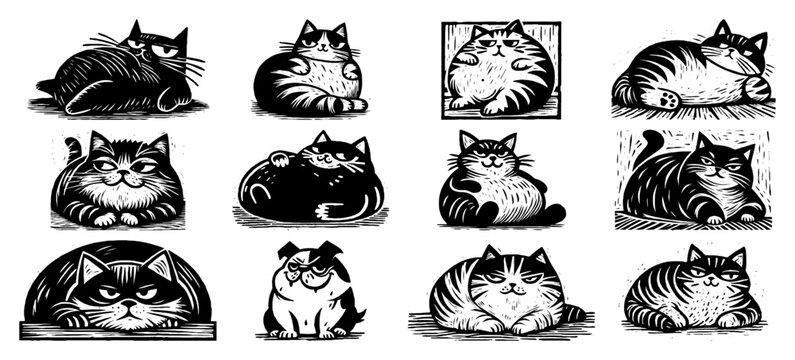 Set of fat lazy cats lying down and sitting, funny chubby kitten character collection sketch vector illustration
