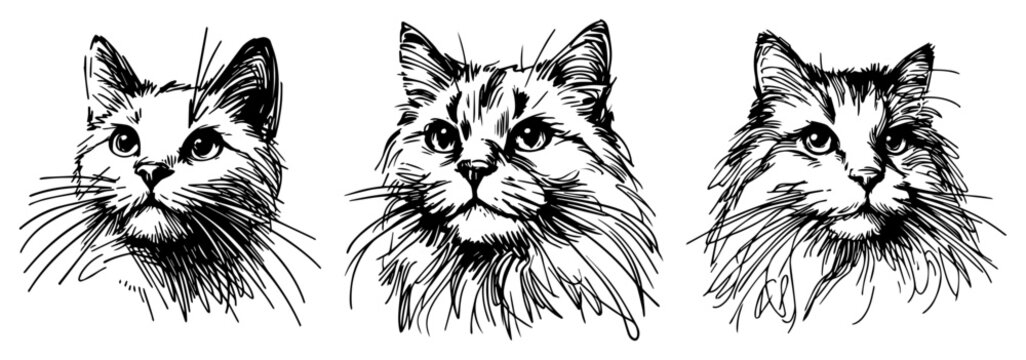 Set of realistic cat head portraits, fluffy domestic pet animal sketch vector illustration