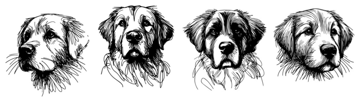 Golden Retriever dog head portraits, set of cute pet animal faces sketch vector illustration