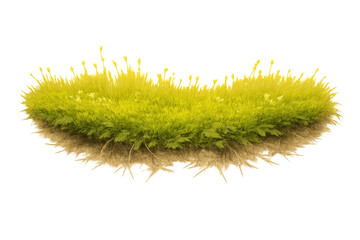 Fototapeta premium Lush green grassy island floating in air, featuring fertile soil, sprouting plants, and tiny moss details, transparent background