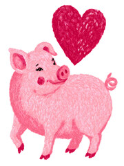 Fototapeta premium Pink pig holding red heart with small hearts illustration on transparent background for Valentines Day and cute animal themes.