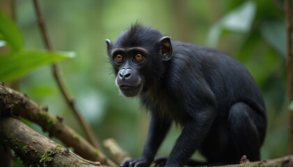 Black primate with orange eyes sits on tree branch. Young monkey looks forward in rich green jungle foliage. Animal is part of wild nature forest ecosystem.