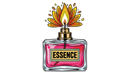 Perfume bottle with flames and essence label isolated on transparent background