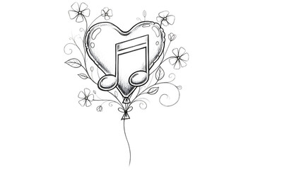 Heart shaped balloon with music note and flowers isolated on transparent background