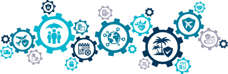 Travel insurance vector illustration. Blue concept with icons related to safe holiday / vacation travel - security & safety abroad - protection from risks like cancellation, medical emergency, theft.