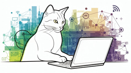 Cat using laptop in a tech background