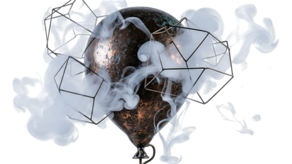 Damaged balloon surrounded by geometric shapes and smoke isolated on transparent background