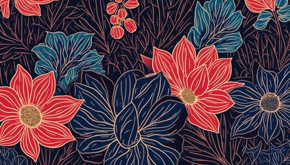 Intricate floral pattern features blooming red and blue flowers with gold outlines on a dark background. Stylized botanical art with luminous details, suitable for decorative wallpaper.