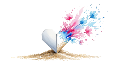 Vibrant flowers emerging from envelope on sand isolated on transparent background